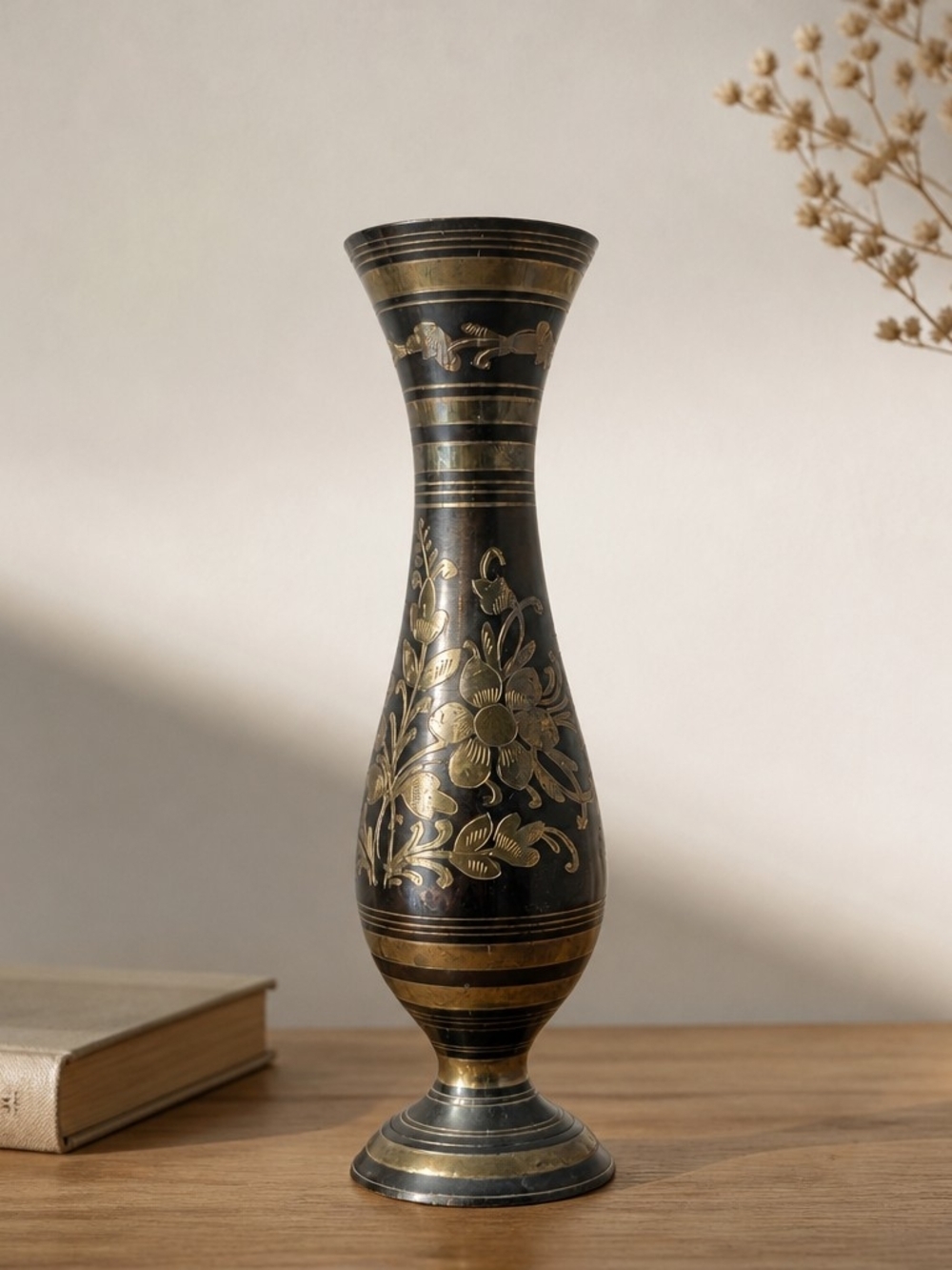 Vintage Brass Etched Vase – Floral Design